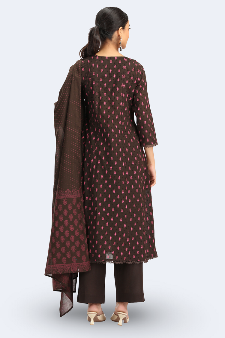 Brown Jacquard Cotton Embroidered Straight Kurta Pant and Dupatta Suit Set