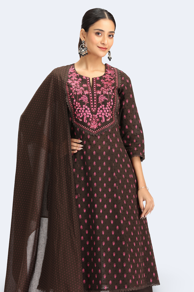 Brown Jacquard Cotton Embroidered Straight Kurta Pant and Dupatta Suit Set