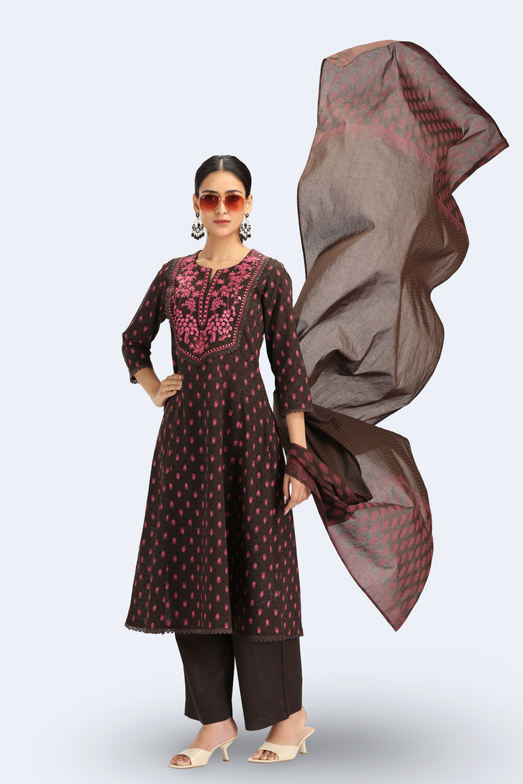 Brown Jacquard Cotton Embroidered Straight Kurta Pant and Dupatta Suit Set