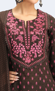 Brown Jacquard Cotton Embroidered Straight Kurta Pant and Dupatta Suit Set