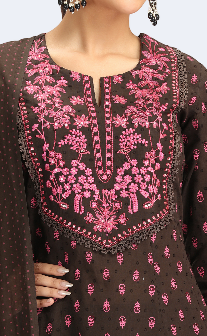 Brown Jacquard Cotton Embroidered Straight Kurta Pant and Dupatta Suit Set