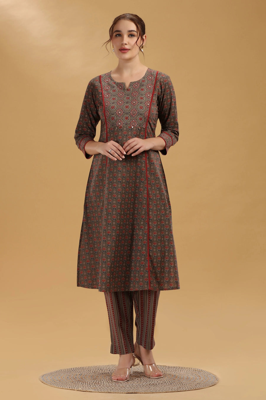 Brown Jaipuri Cotton Printed A Line Kurta Pant Co ord Set