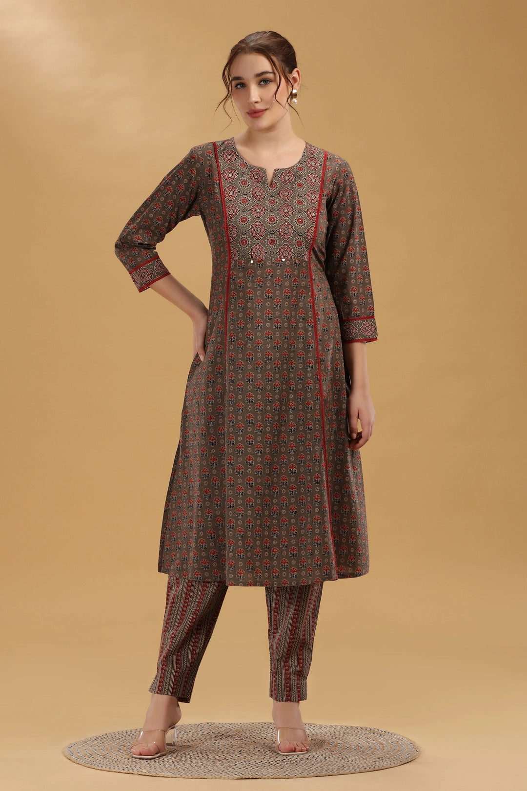 Brown Jaipuri Cotton Printed A Line Kurta Pant Co ord Set for women