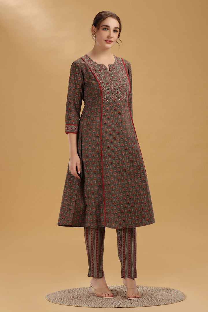 Brown Jaipuri Cotton Printed A Line Kurta Pant Co ord Set for women