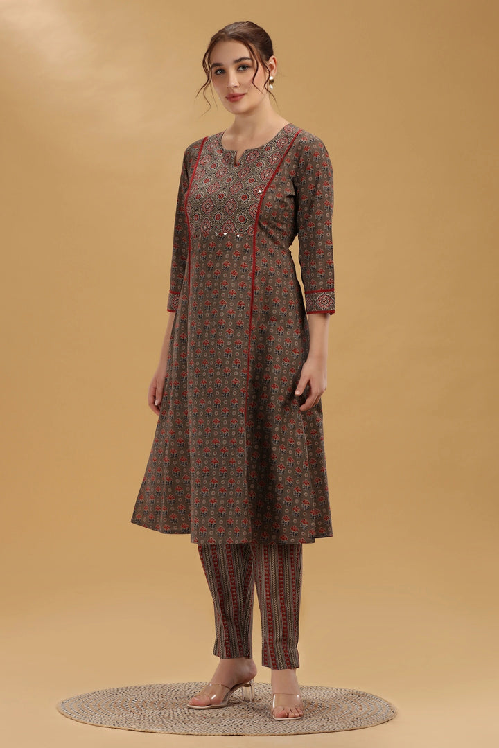 Brown Jaipuri Cotton Printed A Line Kurta Pant Co ord Set for women