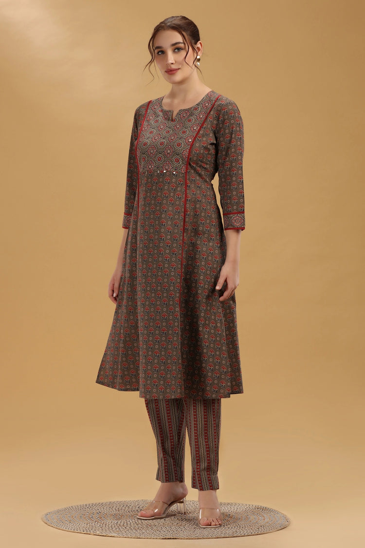 Brown Jaipuri Cotton Printed A Line Kurta Pant Co ord Set for women
