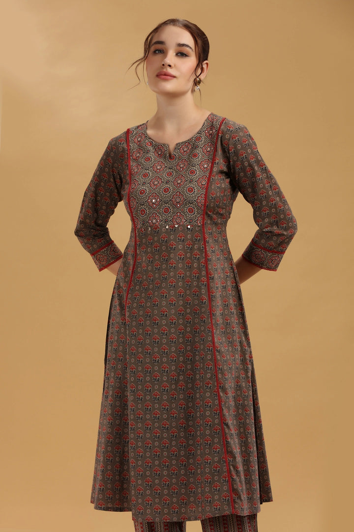 Brown Jaipuri Cotton Printed A Line Kurta Pant Co ord Set for women