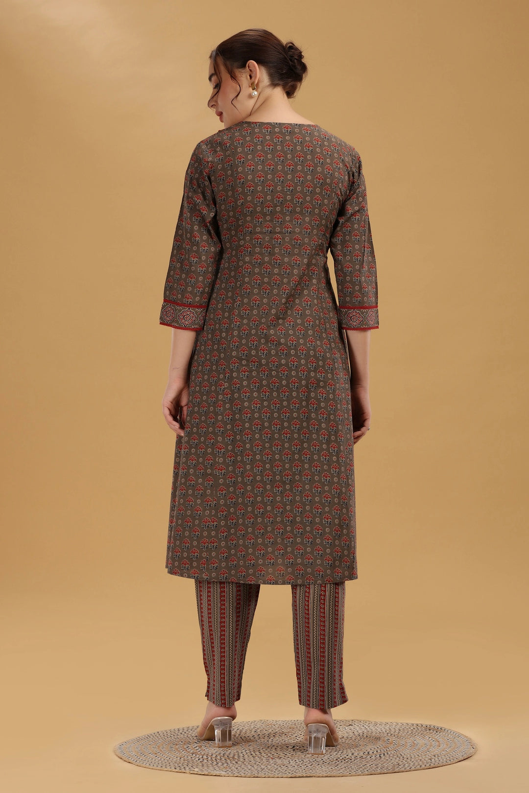 Brown Jaipuri Cotton Printed A Line Kurta Pant Co ord Set for women