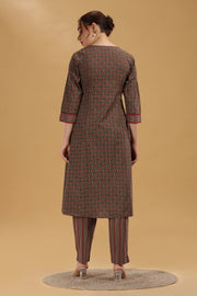 Brown Jaipuri Cotton Printed A Line Kurta Pant Co ord Set for women