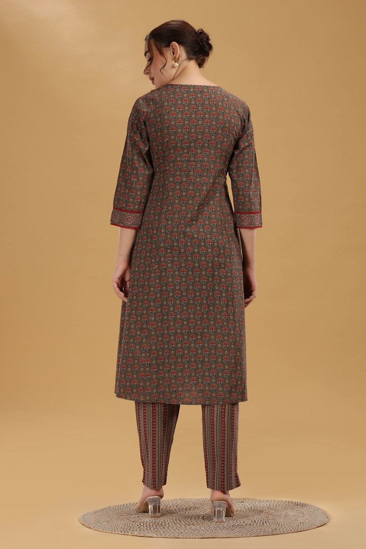 Brown Jaipuri Cotton Printed A Line Kurta Pant Co ord Set for women