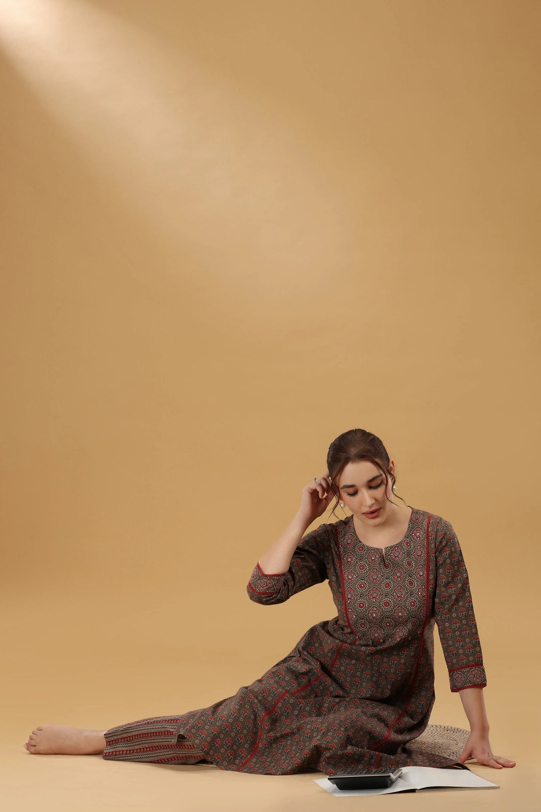 Brown Jaipuri Cotton Printed A Line Kurta Pant Co ord Set for women