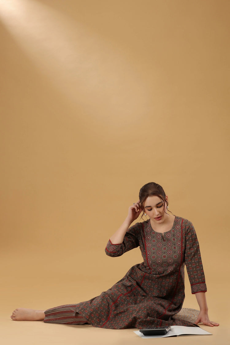 Brown Jaipuri Cotton Printed A Line Kurta Pant Co ord Set for women