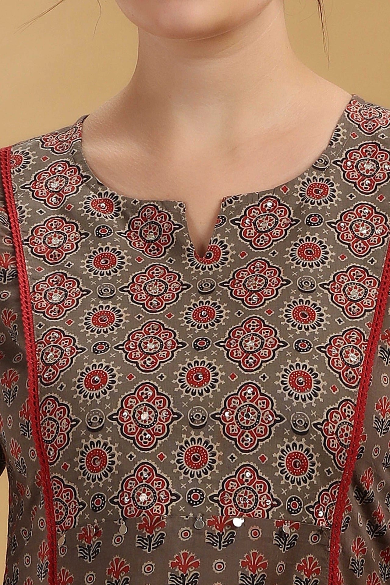 Brown Jaipuri Cotton Printed A Line Kurta Pant Co ord Set for women