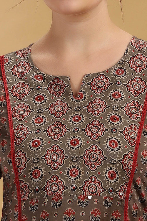 Brown Jaipuri Cotton Printed A Line Kurta Pant Co ord Set for women