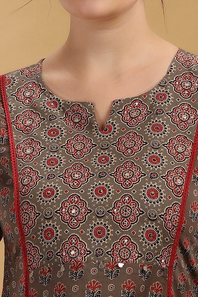Brown Jaipuri Cotton Printed A Line Kurta Pant Co ord Set for women
