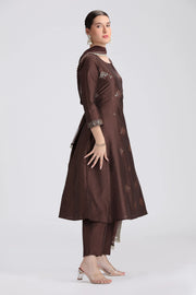Brown PolySilk Embroidered A Line Kurta Pant and Dupatta Suit Set