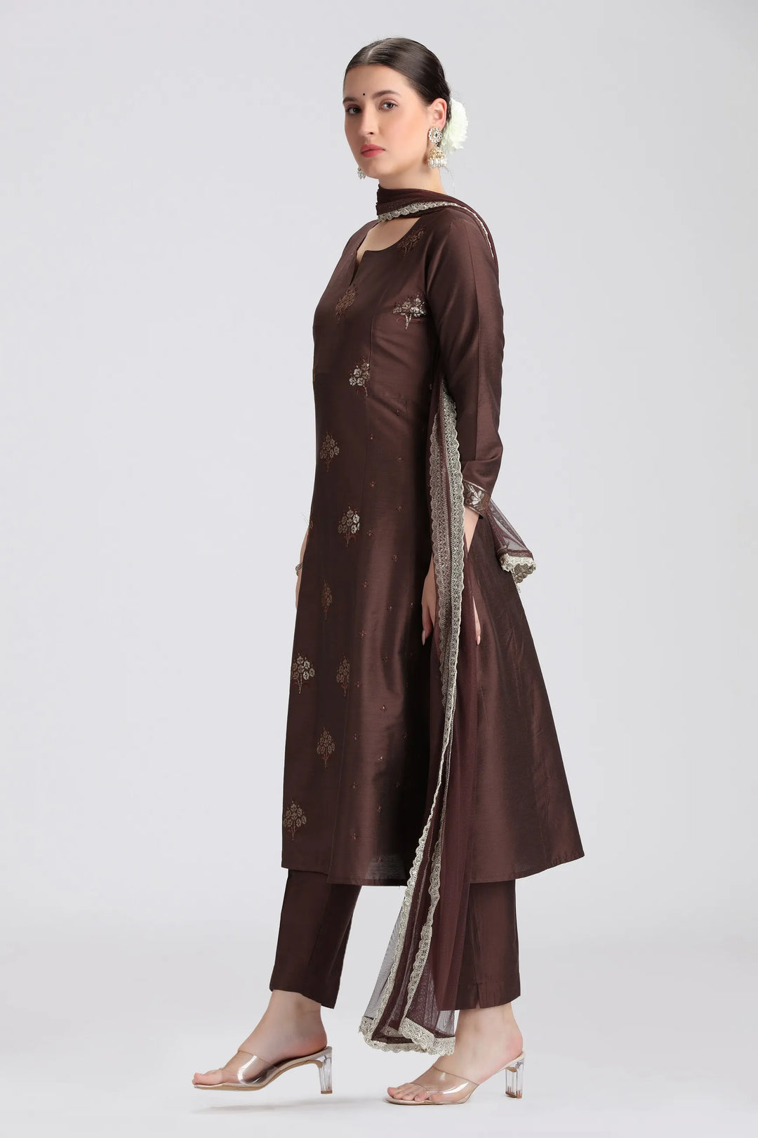 Brown PolySilk Embroidered A Line Kurta Pant and Dupatta Suit Set