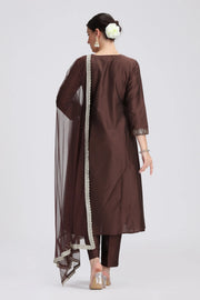 Brown PolySilk Embroidered A Line Kurta Pant and Dupatta Suit Set