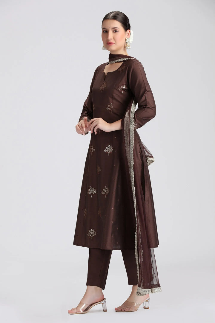 Brown PolySilk Embroidered A Line Kurta Pant and Dupatta Suit Set