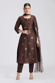 Brown PolySilk Embroidered A Line Kurta Pant and Dupatta Suit Set