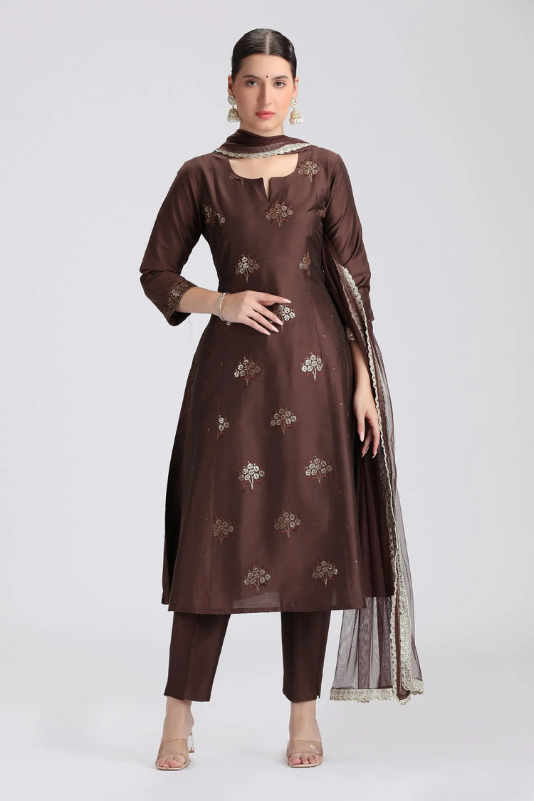 Brown PolySilk Embroidered A Line Kurta Pant and Dupatta Suit Set