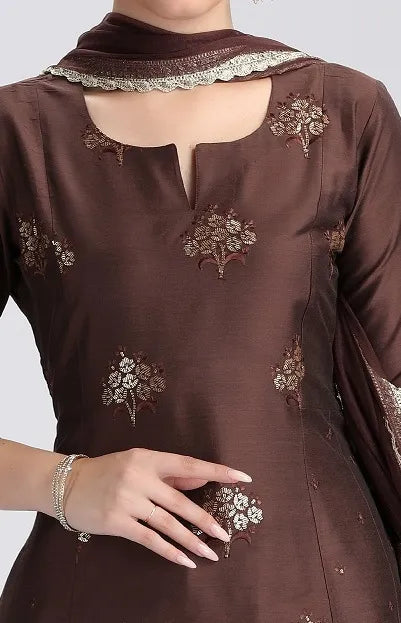 Brown PolySilk Embroidered A Line Kurta Pant and Dupatta Suit Set