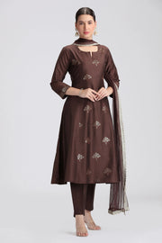 Brown PolySilk Embroidered A Line Kurta Pant and Dupatta Suit Set