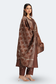 Brown PolySilk Solid A Line Kurta Pant and Dupatta Suit Set