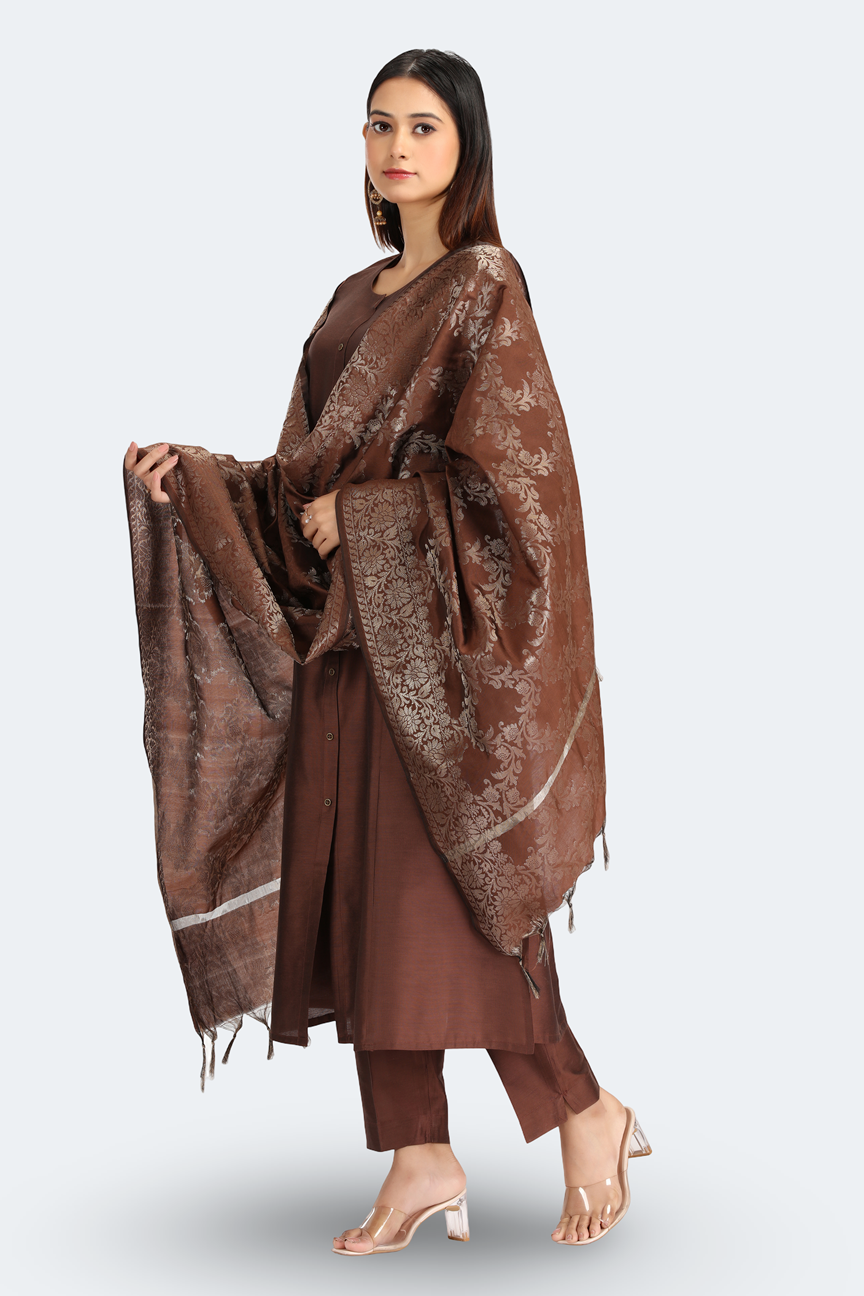 Brown PolySilk Solid A Line Kurta Pant and Dupatta Suit Set