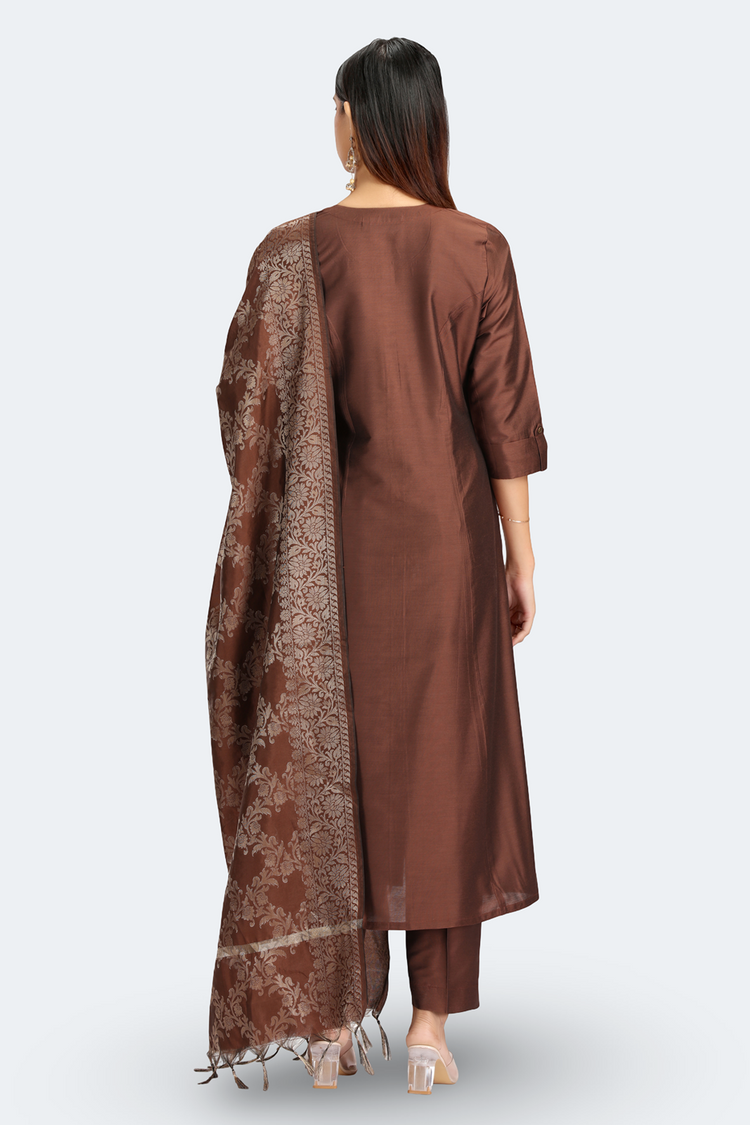 Brown PolySilk Solid A Line Kurta Pant and Dupatta Suit Set