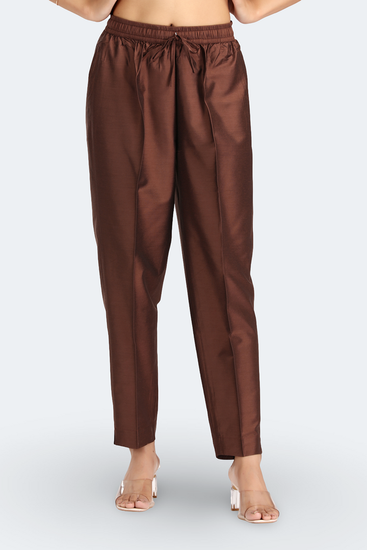 Brown PolySilk Solid A Line Kurta Pant and Dupatta Suit Set