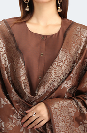 Brown PolySilk Solid A Line Kurta Pant and Dupatta Suit Set