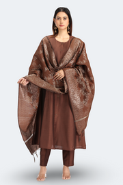 Brown PolySilk Solid A Line Kurta Pant and Dupatta Suit Set