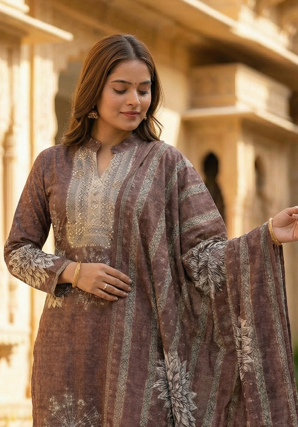 Brown Velvet Embroidered Straight Ethnic Set