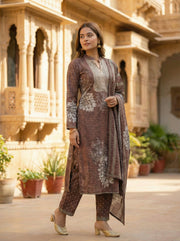 Brown Velvet Embroidered Straight Ethnic Set
