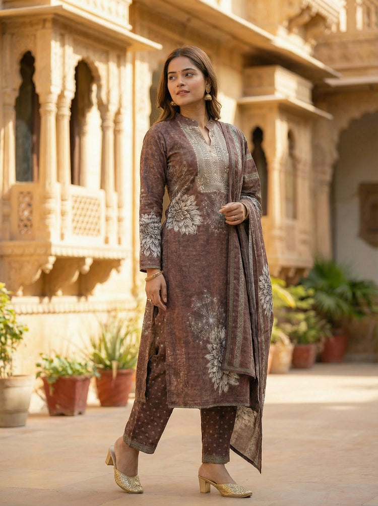 Brown Velvet Embroidered Straight Ethnic Set