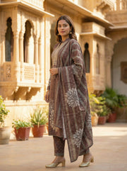 Brown Velvet Embroidered Straight Ethnic Set