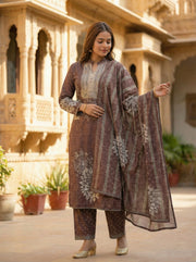Brown Velvet Embroidered Straight Ethnic Set