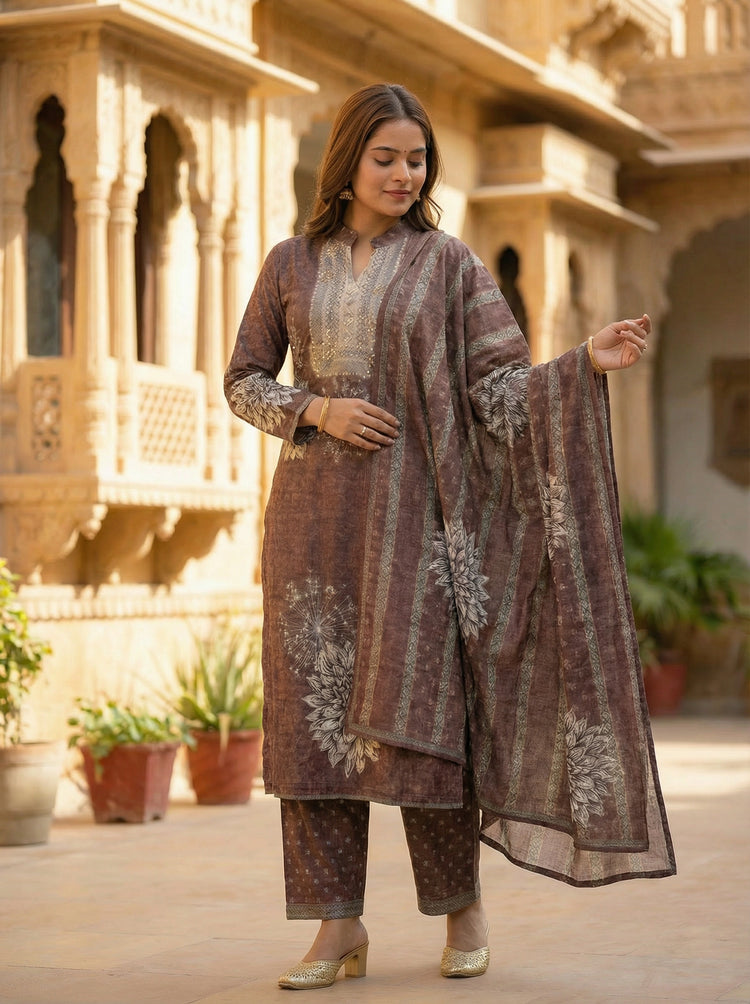 Brown Velvet Embroidered Straight Ethnic Set
