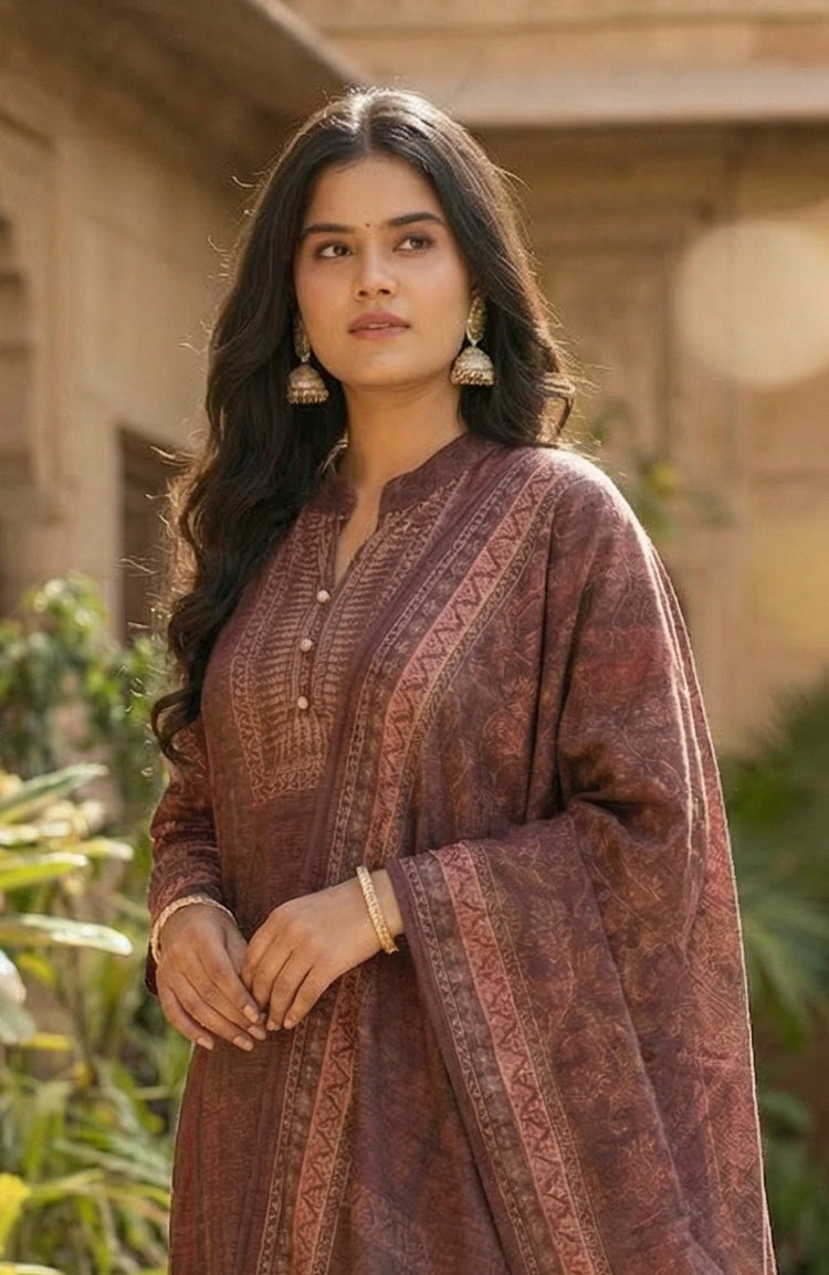 Brown Velvet Printed Straight Ethnic Set