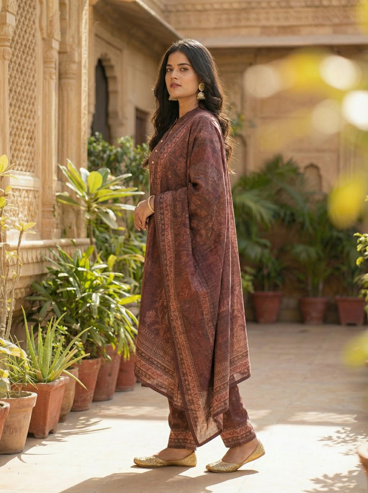 Brown Velvet Printed Straight Ethnic Set