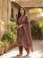 Brown Velvet Printed Straight Ethnic Set