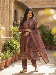 Brown Velvet Printed Straight Ethnic Set