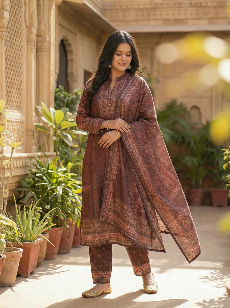 Brown Velvet Printed Straight Ethnic Set