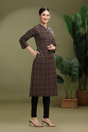 Brown Jaipuri Cotton Printed Straight Kurta for ladies