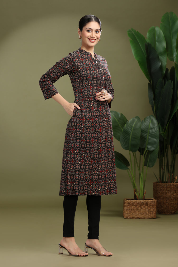Brown Jaipuri Cotton Printed Straight Kurta for ladies