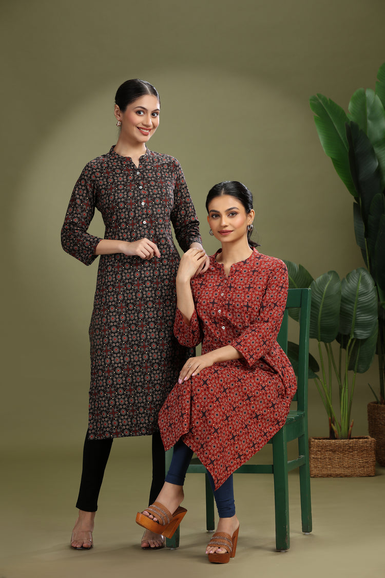 Brown Jaipuri Cotton Printed Straight Kurta for ladies