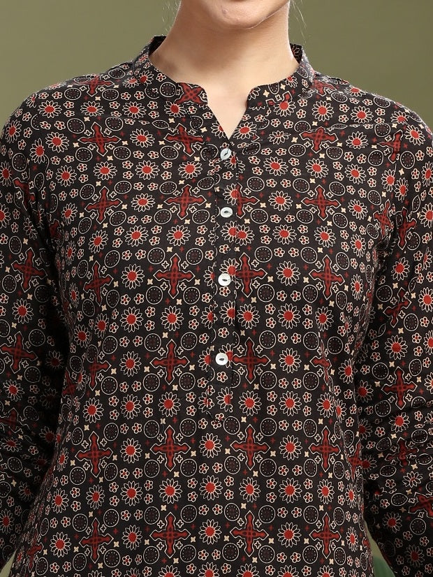 Brown Jaipuri Cotton Printed Straight Kurta for ladies