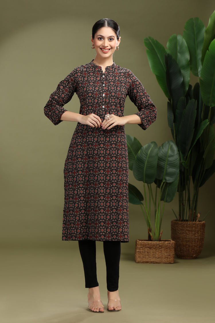 Brown Jaipuri Cotton Printed Straight Kurta for ladies