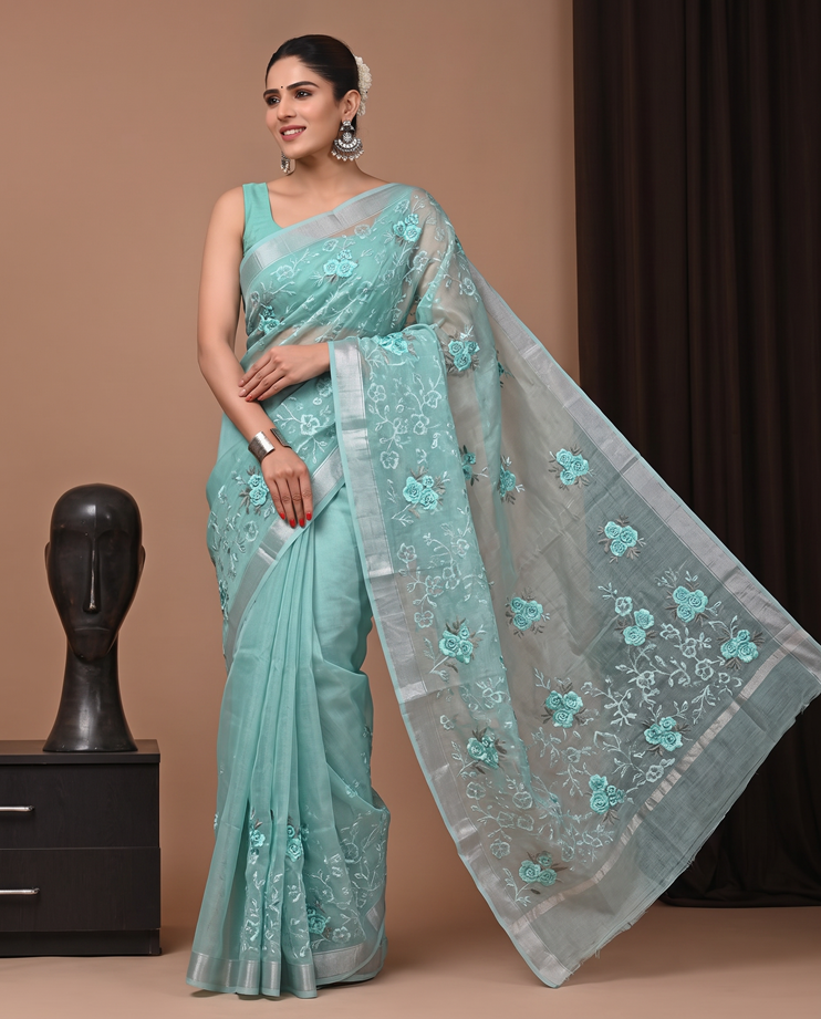 Light Green Munga Kota Fancy Embroidery Saree